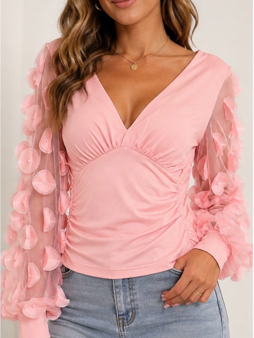 Blush Pink V-Neck Blouse with Sheer Floral Detail